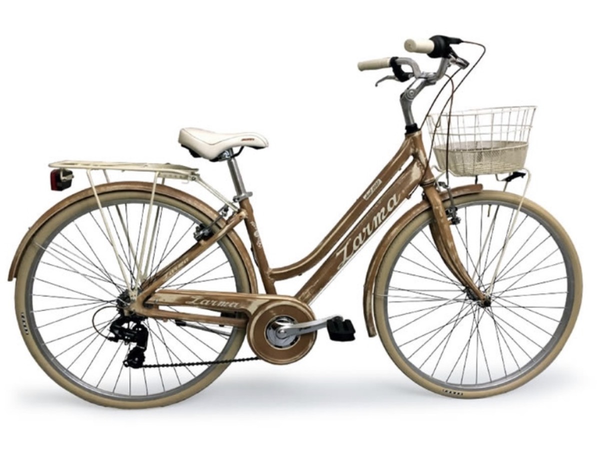 Bronze Zarma city bicycle with front basket on a white background